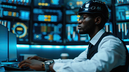 focused electrical engineer in helmet and vest is analyzing data on multiple screens in high tech environment. atmosphere is intense and professional, showcasing advanced technology