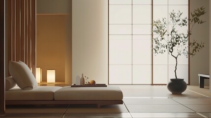 Minimalist Japandi Interior Design of Modern Living Room - a stylish and harmonious visual. The minimalist Japandi interior design in the modern living room creates a serene and inviting living space