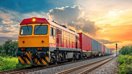 Fototapeta premium Colorful Freight Train Against Scenic Sunset Sky