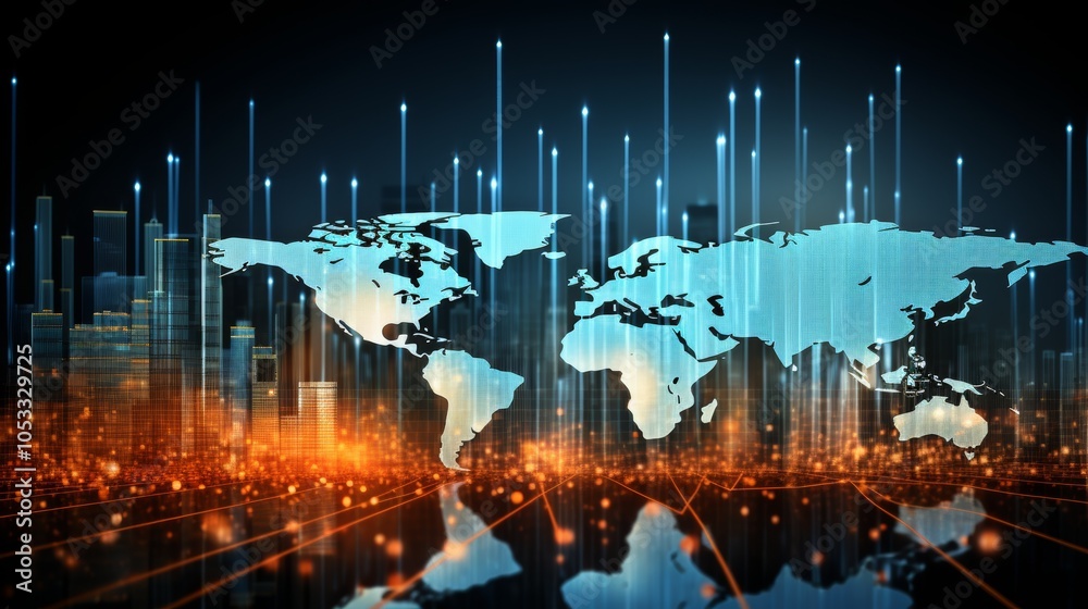 Poster trends in global finance illustrated by rising graphs and a world map in the background