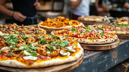 Freshly baked pizzas.