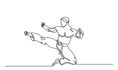 Continuous line drawing of male athletes practicing karate.martial arts training and determination, practicing kicks and jumping.sport, martial arts, combat sports, and active lifestyle concepts. 
