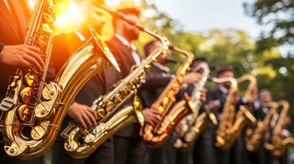 Obraz premium Dynamic performance, musicians in suits deliver an electrifying musical experience