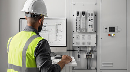 Electrical engineer in safety gear reviewing electrical schematics on computer. professional is focused and attentive, ensuring safety and accuracy in their work