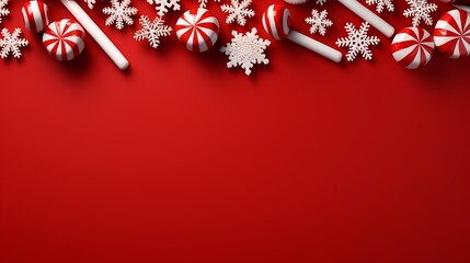 Festive Red Christmas Background with Candies and Snowflake Decorations