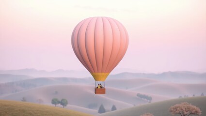 Naklejka premium Pink Hot Air Balloon Soaring Over Rolling Hills at Sunset