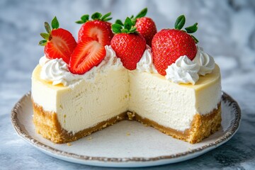 Creamy cheesecake with fresh strawberries and whipped cream