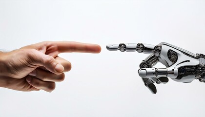 Obraz premium Bionic Hand and white Human Hand Finger Pointing to each other digital concept with white background.