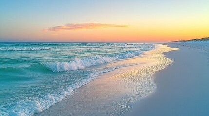 Obraz premium Tranquil beach scene at sunset with gentle waves lapping on the shore.