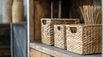 Close-up of natural woven rattan baskets on a rustic wooden cabinet, perfect for stylish home organization