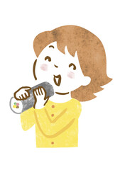恵方巻きを食べている女性の手描きイラスト