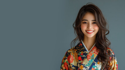 Japanese woman in traditional batik cloth isolated on gray copy space