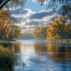 Obraz premium Tranquil autumn scene depicting a serene river surrounded by golden foliage and soft clouds, reflecting a peaceful mood in the bright morning light.