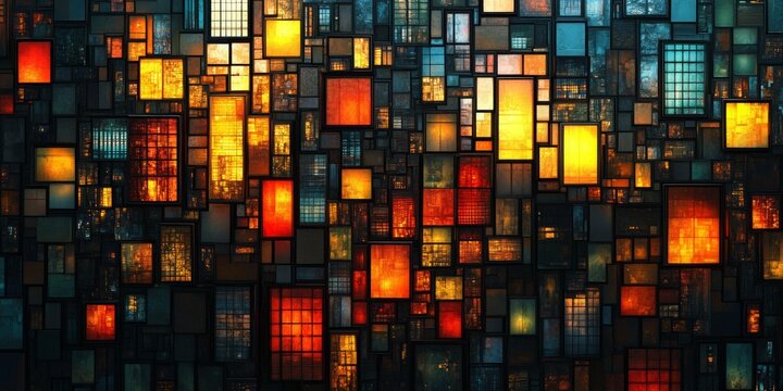 Vibrant Urban Mosaic, a lively 3D cityscape featuring colorful mosaics and warm industrial elements, perfect for immersive digital experiences