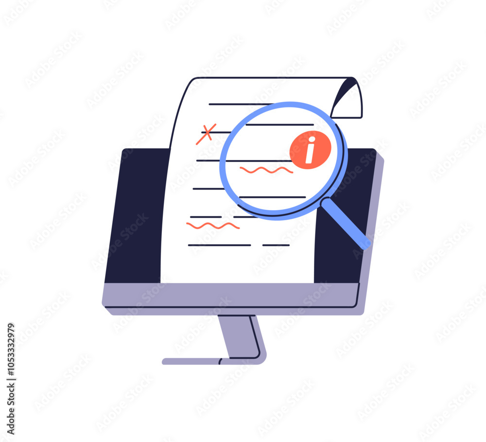 Aufkleber Proofreading digital document, text correction. Searching for spelling mistakes, checking, editing, correcting grammar with online service. Flat vector illustration isolated on white background