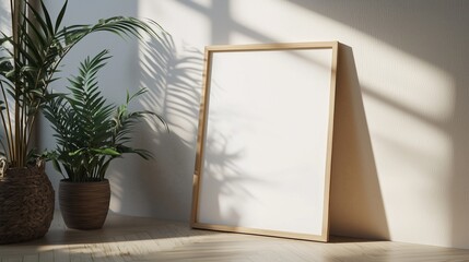 Blank wooden picture frame leaning against a wall, surrounded by green indoor plants with soft natural light casting shadows, perfect for art, photography, or poster mockup.