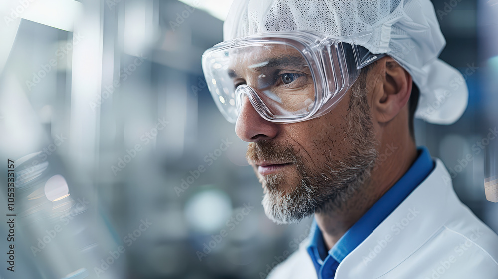 Wall mural focused electrical engineer wearing safety gear, including goggles and hairnet, reviews equipment in laboratory setting. His attention to detail reflects importance of safety and precision in his