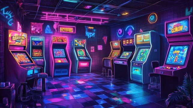 Neon Arcade with Colorful Vintage Game Machines