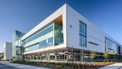 Ultra Modern hospital, office building with a white and blue glass exterior, featuring sleek lines and advanced technological features architecture's design against a clear sky background.