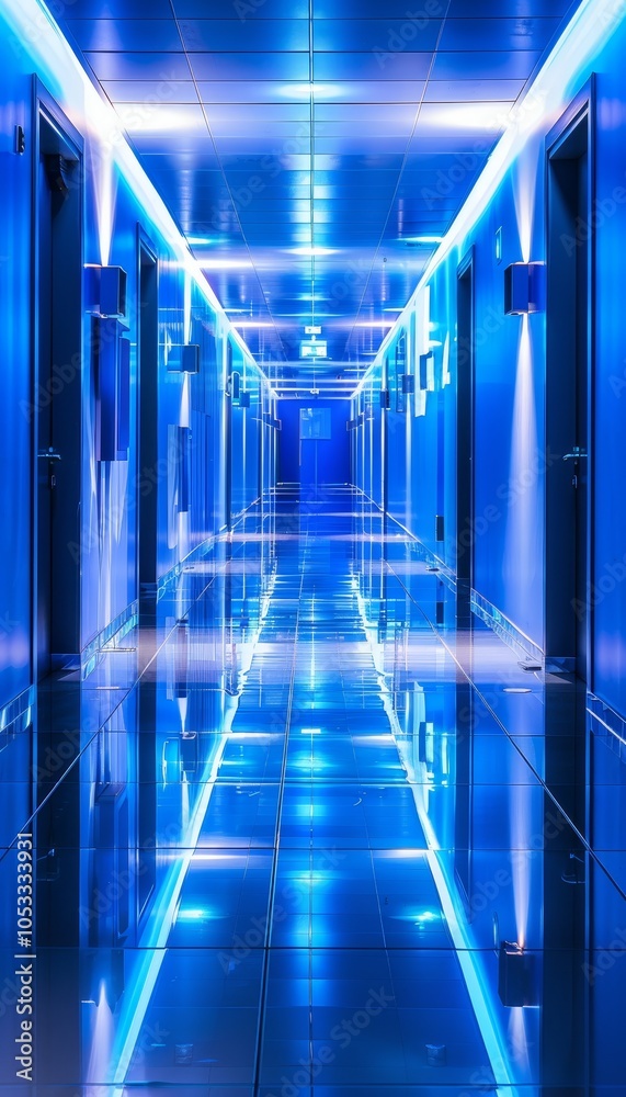 Poster Futuristic corridor with neon blue lighting and reflective floor inviting sci fi exploration