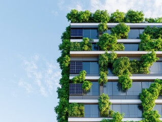 Green Facade on Modern Building with Solar Panels