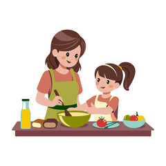 mother and her little daughter doing cooking activities together