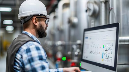 Electrical engineer with helmet and safety vest working on computer in industrial setting, focused on monitoring systems and data analysis