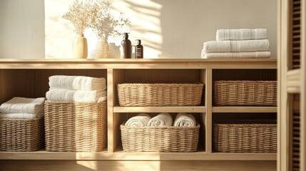 Fototapeta premium Wooden cabinet with rattan storage baskets and minimalist decor items, reflecting a blend of function and beauty.