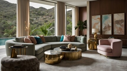Fototapeta premium Ultra-Modern Living Room in a Serene Natural Setting: A Harmonious Blend of Luxury and Eclectic Elegance. (AI-Generated) 