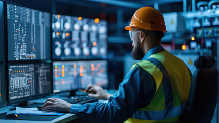 Efficient electrical engineer working in control room, wearing safety helmet and vest, focused on multiple screens displaying data and controls