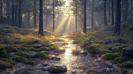 Fototapeta premium A serene forest scene showcasing a gentle stream illuminated by sunlight filtering through tall trees. The vibrant greens and soft golds create a tranquil and magical atmosphere.