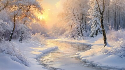 Obraz premium Serene winter landscape with a frozen river winding through a snow-covered forest at sunrise, casting a warm glow over frost-laden trees