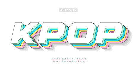 Bold vibrant font, multicolor K-pop letters blends youthful energy with layered 3D effects and pastel multicolor gradient shadow. Playful isometric font for pop culture logo and catchy headlines