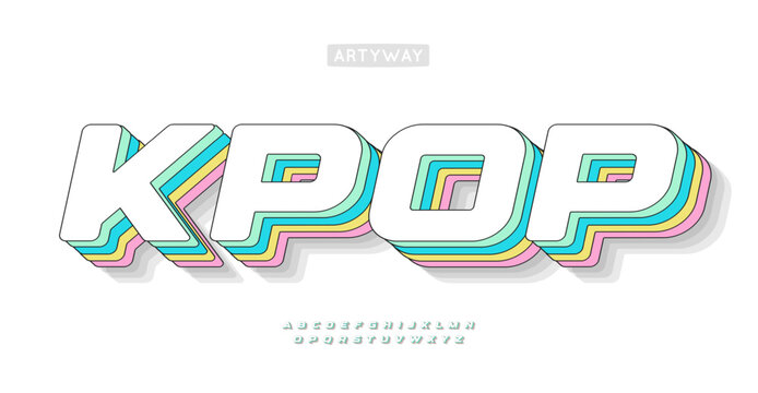Bold vibrant font, multicolor K-pop letters blends youthful energy with layered 3D effects and pastel multicolor gradient shadow. Playful isometric font for pop culture logo and catchy headlines
