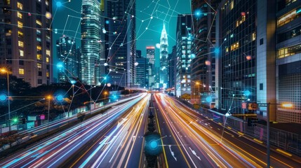 Obraz premium Futuristic cityscape with glowing skyscrapers and advanced transport showcasing urban evolution