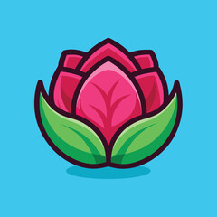 A vibrant pink flower with green leaves against a blue background.