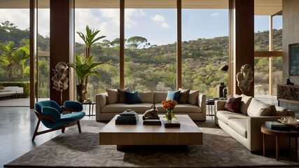 Fototapeta premium Modern Living Room Fusion: Opulent Sophistication Meets Whimsical Artistry in a Captivating Natural Setting (AI-Generated)