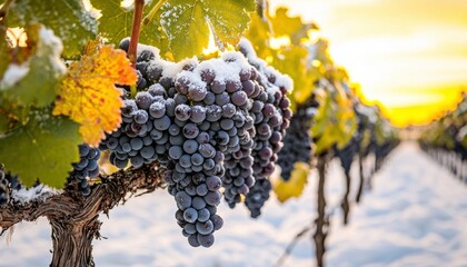 A vineyard scene featuring clusters of grapes dusted with snow, illuminated by a warm sunset.