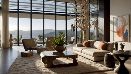 Modern Living Room Fusion: Opulent Sophistication Meets Whimsical Artistry in a Captivating Natural Setting (AI-Generated)