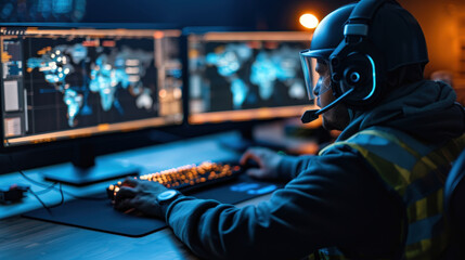 focused engineer in helmet and safety vest is studying electrical data on multiple monitors, showcasing high tech environment. scene conveys sense of dedication and expertise in field