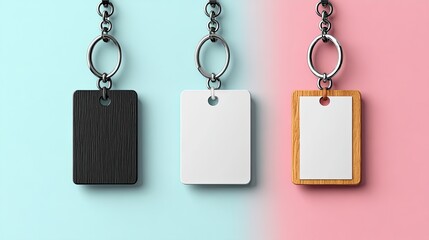 Three blank keychains with metal rings and different colors - black, white, and wooden - on a colorful background.