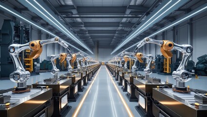  Modern Industrial Factory Floor with Advanced Machinery, High-Tech Manufacturing and Engineering Processes