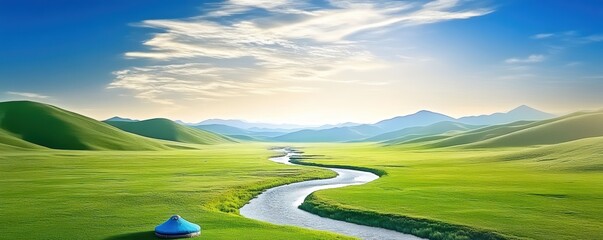 A serene landscape featuring rolling green hills, a winding river, and a clear blue sky, evoking a sense of tranquility and natural beauty.