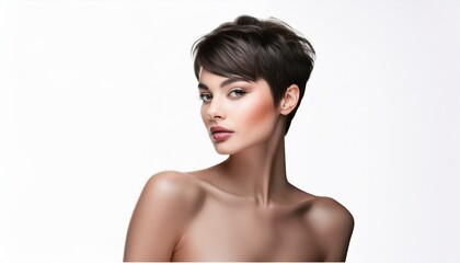 Fototapeta premium studio portrait of a brunette short haired woman with nude shoulders on a white background 