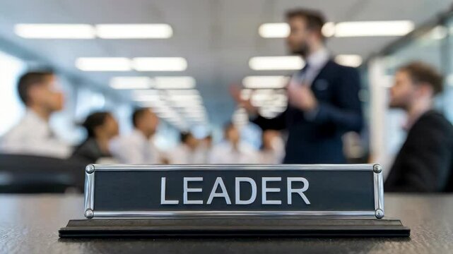 A desk nameplate labeled "LEADER" in an office setting with blurred colleagues in discussion.