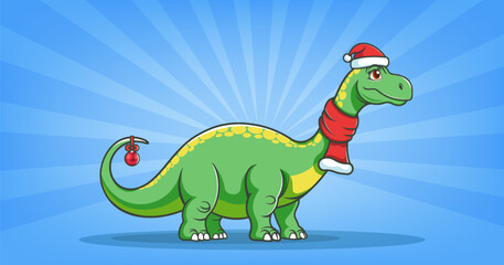 Vector holiday cartoon cute kind green dinosaur brontosaurus in red scarf and Santa Claus hat. Ball toy with bow. Merry Christmas and Happy New Year.