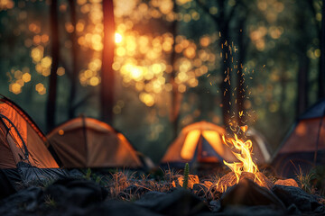 Campfire near a tent during evening time with warm light