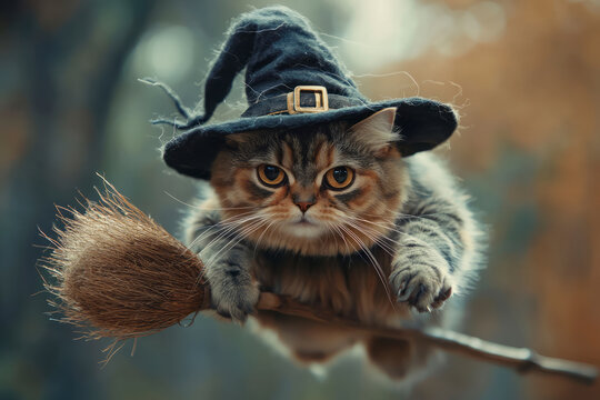 Enchanting Security Footage: Overweight Feline in Witch's Hat Soars on Broomstick