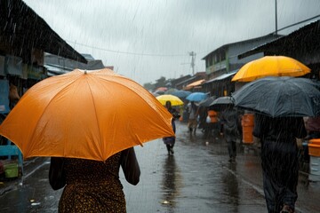 Person walking in rain with orange umbrella in a bustling market scene.