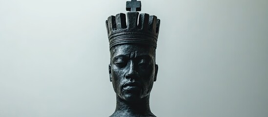 A close up of a dark, wooden, chess piece, a king, with its crown and face prominently displayed.